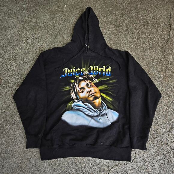 Vtg Y2k JUICE WRLD Airbrush Portrait Graphic Hip Hop Rap Hooded Sweatshirt XL - Picture 1 of 6